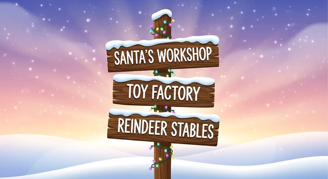 A wooden signpost in a snowy winter landscape pointing to Santa's Workshop, Toy Factory, and Reindeer Stables.