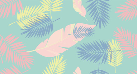 Obraz premium Light and airy botanical pattern showcasing a serene mix of colorful palm branches and elegant feathers in a soft, refreshing palette.