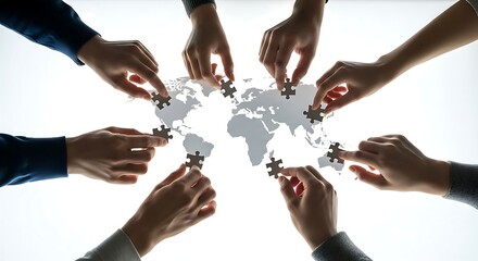 Diverse hands collaborating to complete a world map puzzle, symbolizing global business strategy, international connection, and successful teamwork towards a shared vision