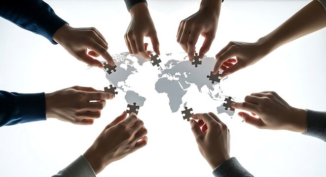 Diverse hands collaborating to complete a world map puzzle, symbolizing global business strategy, international connection, and successful teamwork towards a shared vision