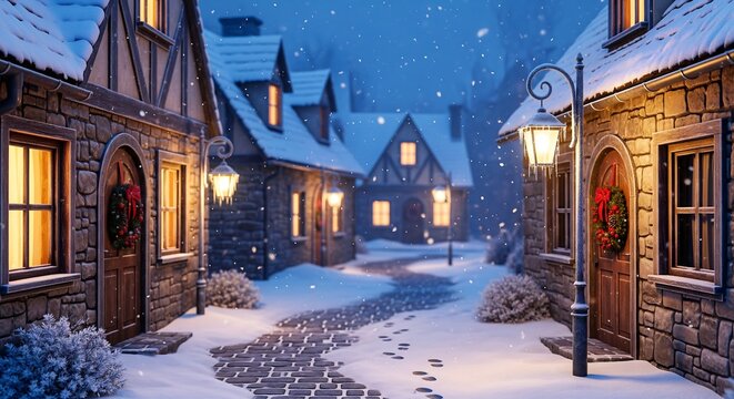 A charming, snow-covered village street with glowing lights on a peaceful winter night. - Powered by Adobe