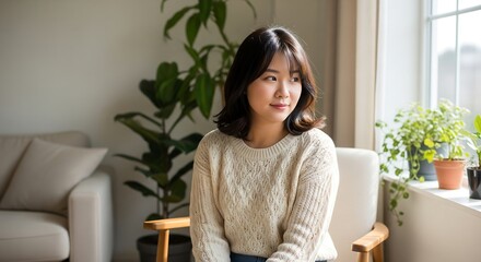 A thoughtful young Asian woman relaxes in an armchair by a sunlit window at home, surrounded by houseplants.