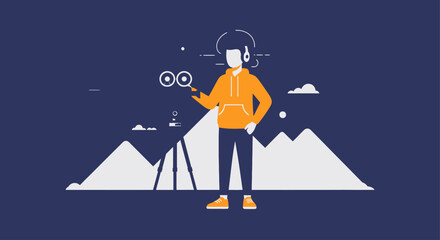 A flat design vector illustration portraying an independent filmmaker with a video camera, set against a backdrop of snowy mountains. 