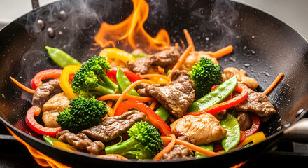 Sizzling beef and vegetable stir fry cooking in a flaming wok.