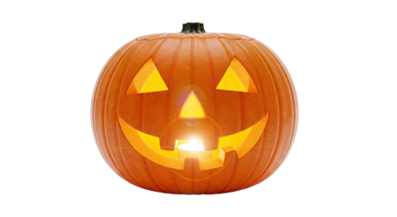 Carved Orange Halloween Pumpkin Jack O Lantern With Glowing Candle Inside and Smiling Face on Transparent Background