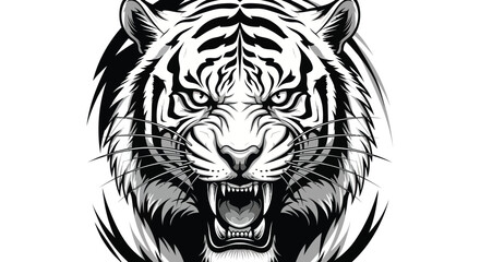 Powerful tiger graphic with striking black and white detail roaring fiercely