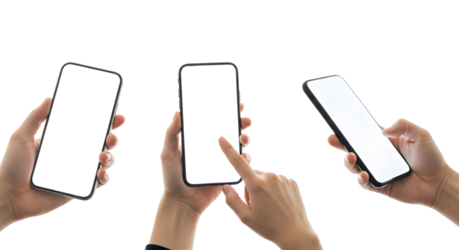 Three hands holding smartphones with blank screens on a white background