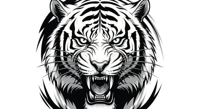 Powerful tiger graphic with striking black and white detail roaring fiercely