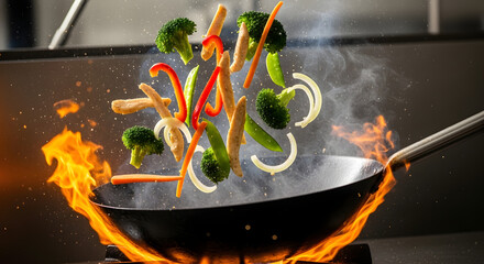 Dynamic action of fresh vegetables being tossed in a flaming wok.