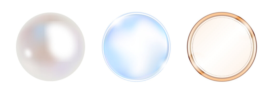 大粒パールの光沢感・化粧水のようなブルーの水滴グラデーション・ピンクゴールドの繊細なメダル枠を組み合わせた美容系ラグジュアリーパーツセット（スキンケアLPや高級コスメの効果訴求に使える多用途デザイン）