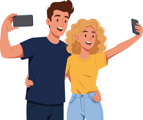 Two people taking selfies with smartphones, cartoon vector, friendship moment, modern technology use, smiling characters, casual clothing, cheerful interaction