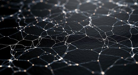 Abstract network of glowing nodes and connections on a dark background, representing interconnectedness and data flow