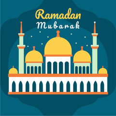 Ramadan Mubarak Greeting Card with Mosque Illustration in Flat Vector Style