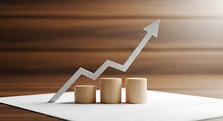 Wooden bar graph with upward arrow on white paper and wood background