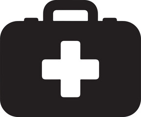 Obraz premium Black medical kit vector icon with a prominent cross symbol for health and emergency concepts.