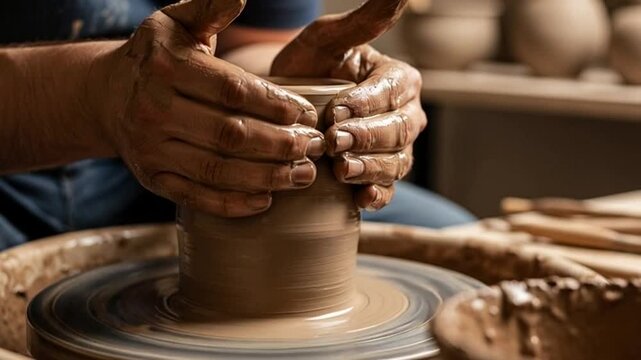 Close-up of Potter's Hands Shaping Clay on a Wheel in Pottery Workshop