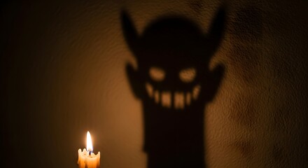 A candle casting a spooky shadow resembling a devil or demon figure on a wall in a dimly lit room
