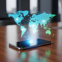 A modern smartphone on a wooden table with a digital world map hologram projecting from the screen, symbolizing global connectivity and technology