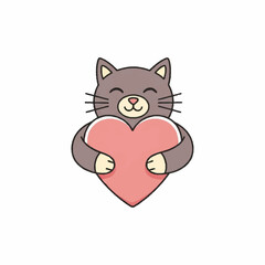 Adorable gray cartoon cat hugging a large pink heart.