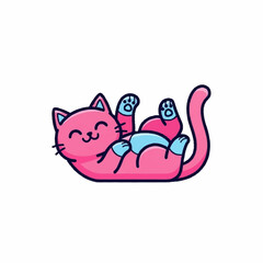 Playful pink cat rolling on its back with a happy expression.