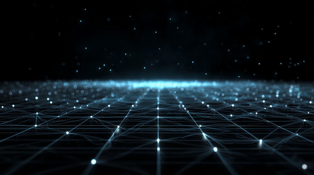Futuristic network visualizes data with glowing nodes, perfect for illustrating tech, innovation, and interconnected systems with abstract design elements