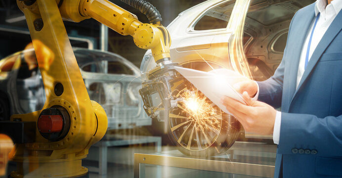 Business Engineer Using Digital Tablet with Robotic Arm Welding Car Wheel — Smart Automotive Manufacturing and Industrial Automation Technology