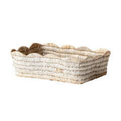 Woven, off-white rectangular basket with scalloped edges, rustic