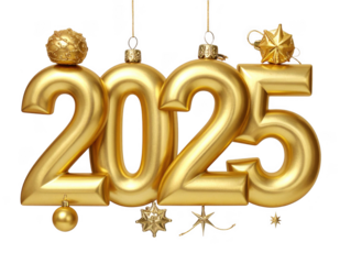Golden 2025 New Year text with ornate Christmas ornaments. Isolated on transparent background.