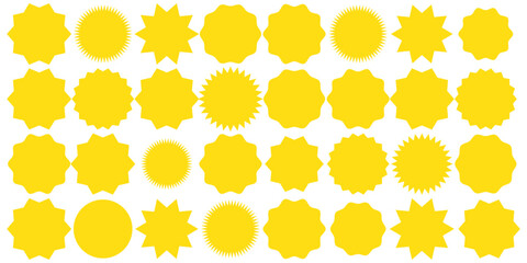 Fototapeta premium Set of yellow star burst shape tags for price. Circle sticker. Wavy edge promo badges. Set of burst tag icons. A collection of starburst stickers. eps 10