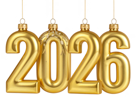 Golden 2026 New Year text with ornate Christmas ornaments. Isolated on transparent background