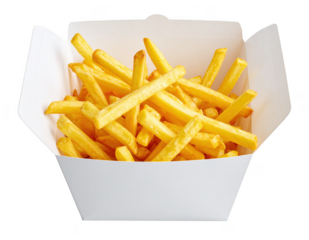 Golden french fries spilling and falling out of a white takeaway box. Isolated on transparent background