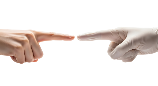 Doctor and patient connection pointing fingers isolated on white background, symbolizing care
