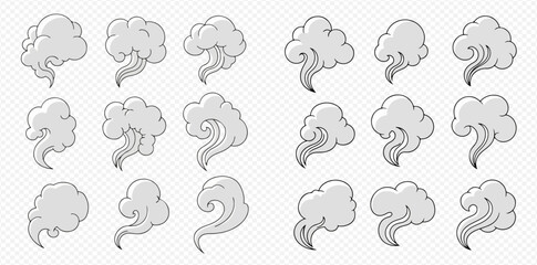 Cartoon smoke and steam clouds vector set, various shapes of vapor or fume isolated on transparent background, graphic resource for comics or games.