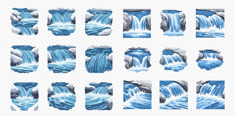 A collection of pixel art waterfall illustrations featuring various styles of blue water flowing over grey rocks, suitable for game assets or natural environment designs.