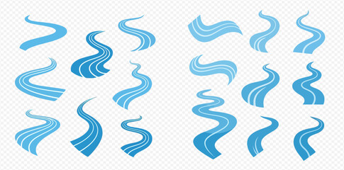 A collection of blue wavy river and water flow vector graphics on a transparent background, ideal for design elements. © ArtLuna Studio