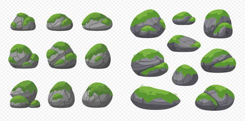 Collection of cartoon mossy rocks and stones in various shapes and sizes, isolated on a transparent background, perfect for game assets or nature illustrations.