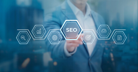 SEO Search Engine Optimization — Businessman Using Digital Interface for Web Ranking, Online Visibility, Website Traffic Growth and Modern Digital Marketing Strategy