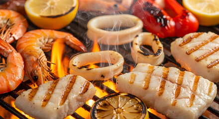 Delicious seafood and vegetables grilling on a fiery barbecue.