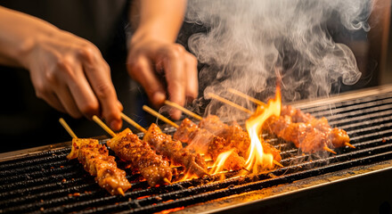 Hands of a chef grilling marinated meat skewers on a barbecue.