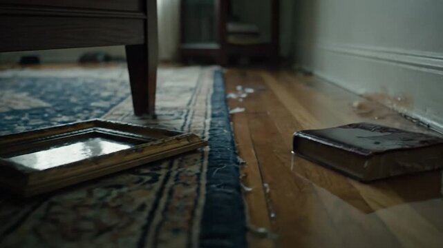 A room interior shows water damage and a discarded picture frame on a patterned rug