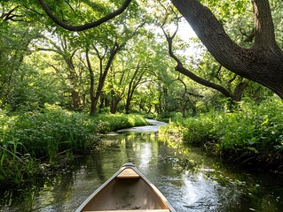 Obraz premium Canoe on Serene River, Lush Green Canopy