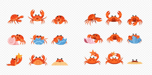 Collection of cute cartoon crabs in various poses, some interacting with seashells and sand, on a transparent background.
