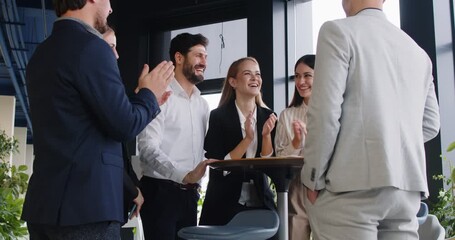 Shaking hand, happy congratulating successful employee with promotion, hiring, appreciating for good work result, rewarding, business team applauding supporting colleague, winning contract, cheering 