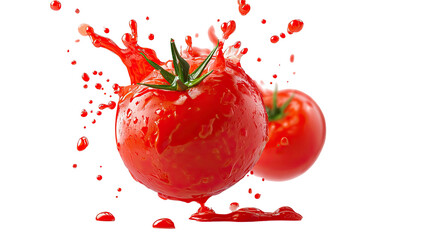 Red tomatoes with liquid spray, isolated against black backdrop