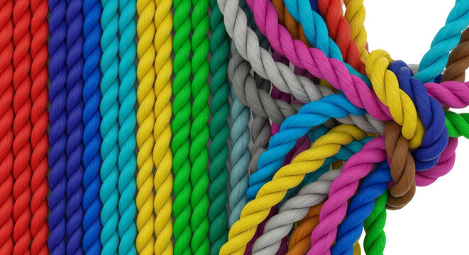 A bunch of assorted and vibrant ropes are artistically tied together, placed on a clean white background to emphasize unity, strength, and connection.
