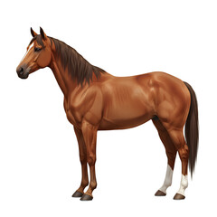 Obraz premium Brown horse standing alone on white background in a green pasture