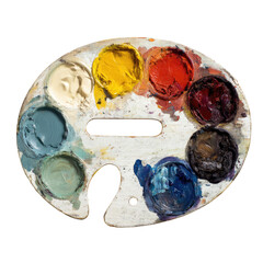 Oval paint palette with bright dabs of colors, messy, artistic
