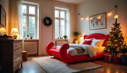Inflatable sled, chest of drawers, bed and Christmas tree in interior of light bedroom, created with generative ai