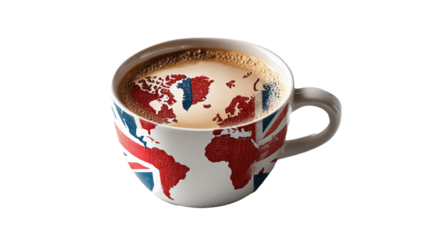British style coffee cup with Union Jack flag design isolated on transparent background	
