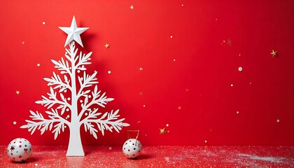 Merry Christmas tree concept made of white 2026 happy new year decorations star isolated on red background table minimal flat lay, xmas winter holiday party, top down view, created with generative ai